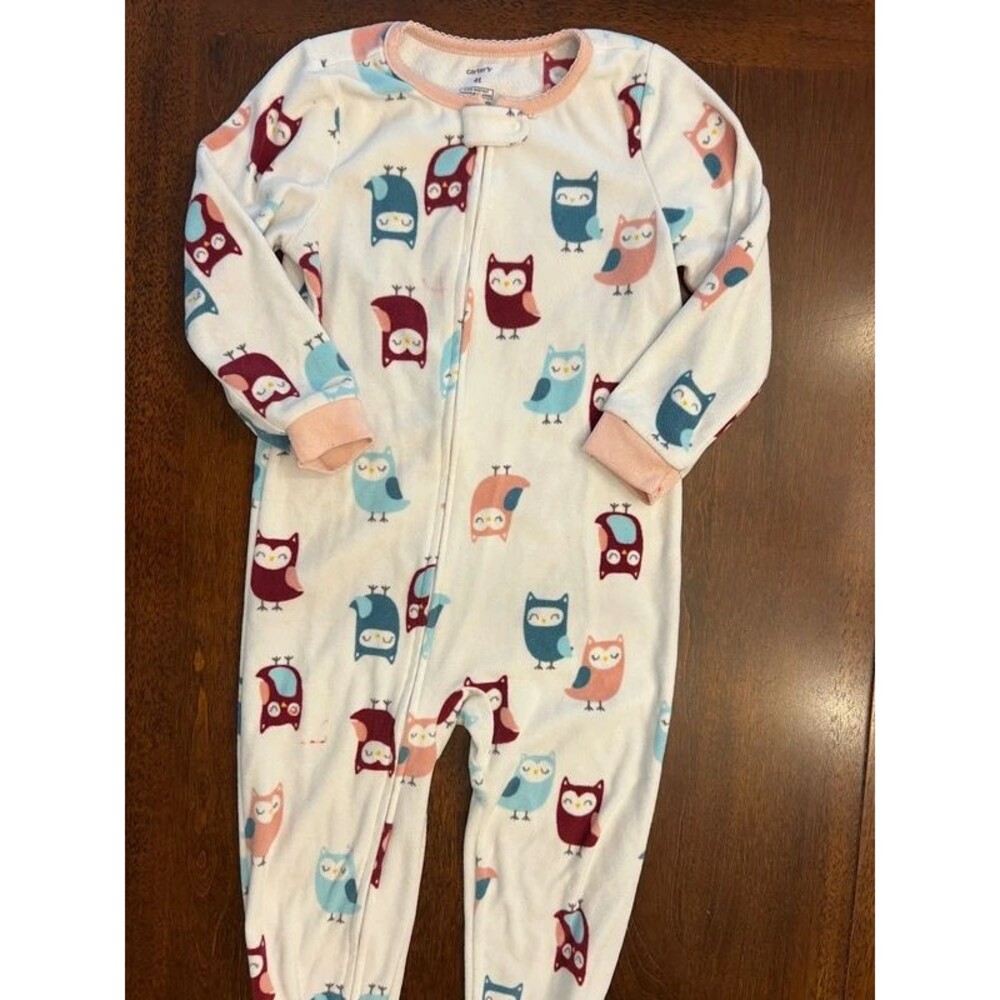Fleece Zip Up Pajamas Toddler Girl Size 4T Footie Pajamas Owls